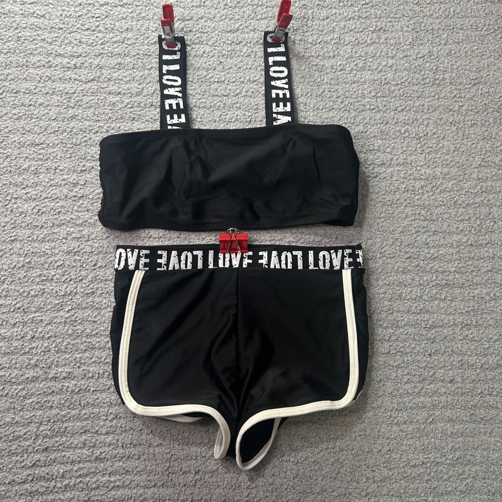Unbranded Bikini Set Love Graphic Black White Size 150/10/12 Athletic Sporty Y2K